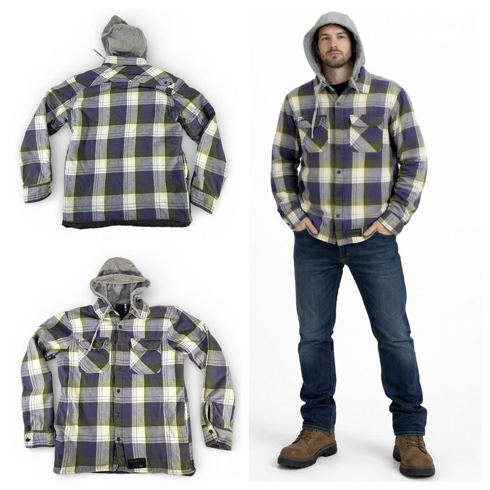 Oakley Blue Plaid Button Up Heavyweight Flannel Shacket Hood Hoodie Men’s Medium